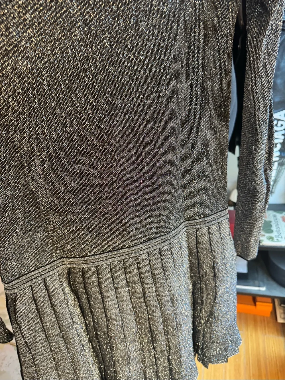 CHANEL Silver Metallic Knit drop waist pleated dress